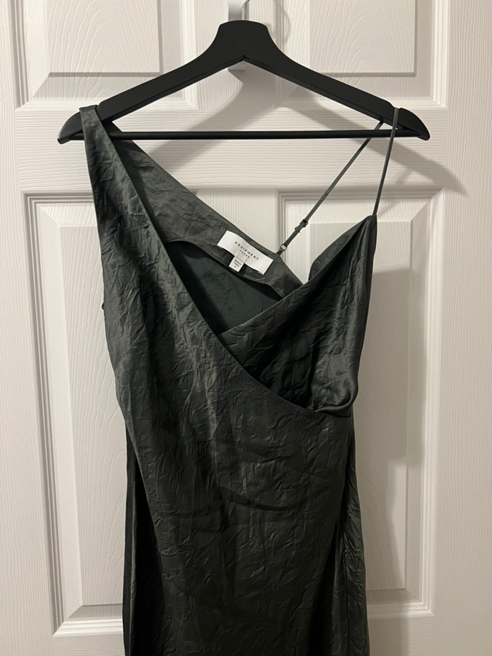 Equipment Paris One-Shoulder Slip Dress in deep safe green
